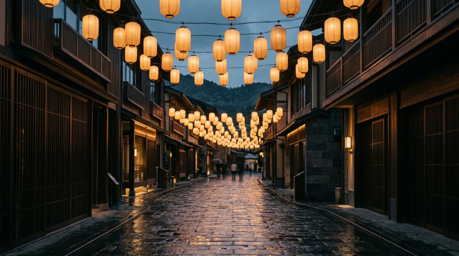 Rows of warm silk lanterns glowing above a narrow street at dusk
